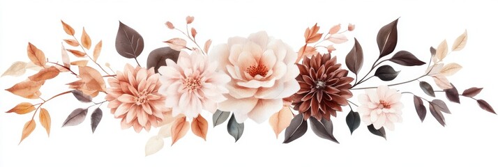 Obraz premium This beautiful watercolor illustration embodies an autumn wedding bouquet with peach and burgundy flowers, earthy tones, and delicate leaves, perfect for a romantic bohothemed celebration