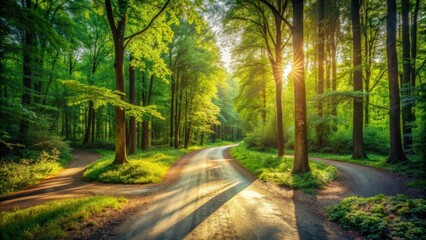 Obraz premium A crossroad surrounded by lush greenery and dappled sunlight in a summer forest , forest, trail, pathway, wilderness, nature