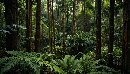 Dense evergreen rainforest canopy view or close-up in Penang Hill.