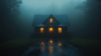 A small wooden house with lit windows stands in the middle of a foggy forest at night.