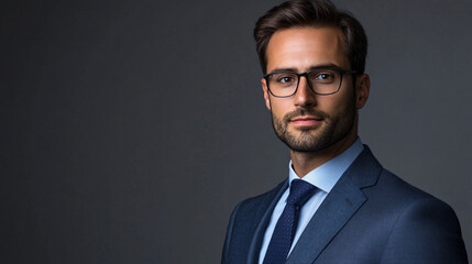 Confident businessman in a suit and glasses poses for a studio portrait against a grey background