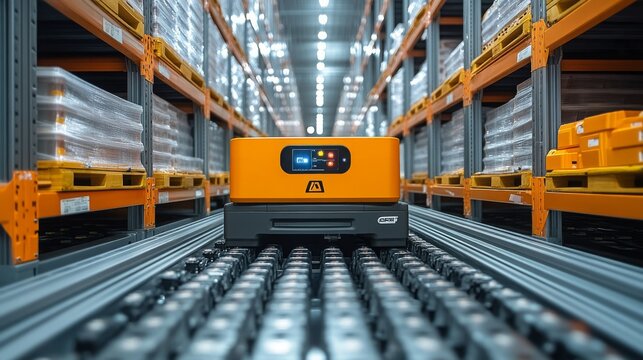 Autonomous mobile robots and human workers collaborate in a modern warehouse during the day