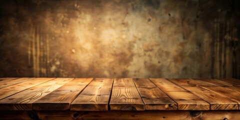 Old wooden table against a blurred wall background, vintage, retro, rustic, distressed, aged, texture, antique