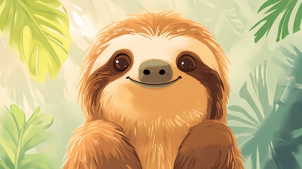 A cheerful cartoon sloth with a joyful expression, appearing playful and animated. Joyful. Illustration
