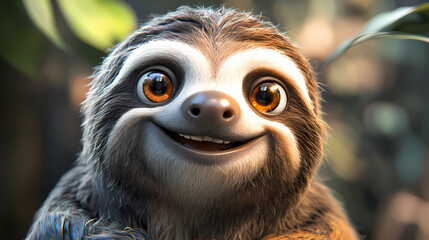 A cheerful cartoon sloth with a joyful expression, appearing playful and animated. Joyful. Illustration