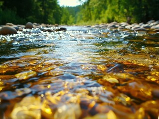 Fototapeta premium A serene river view showcasing clear water and colorful stones, surrounded by lush greenery and gentle sunlight.