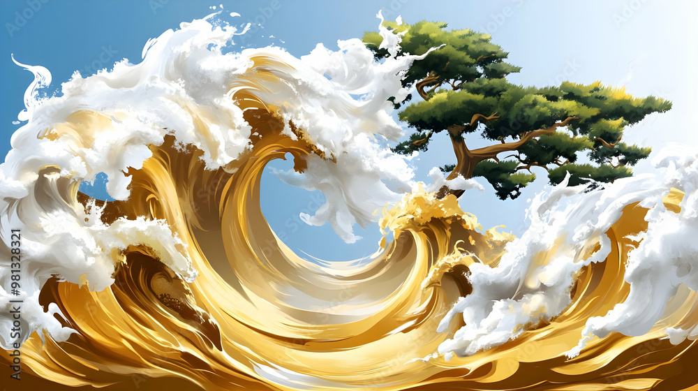 Poster Golden Wave Crashing with Tree on Top -  Abstract Art