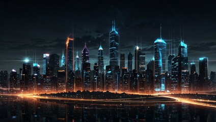Digital city skyline with glowing lines, a futuristic view.