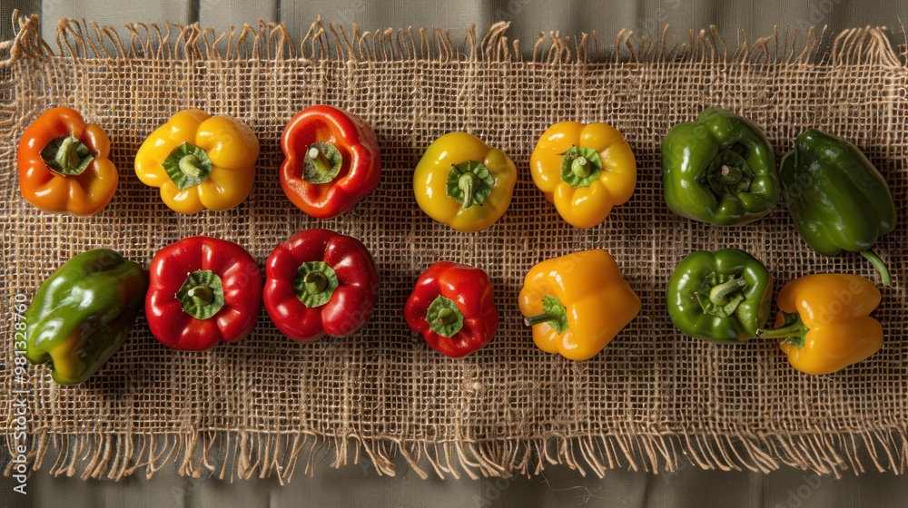 Wall mural colorful peppers on burlap