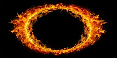 Fototapeta premium Ring of fire burning brightly against black backdrop, intense, hot, fiery, flames, isolated, dynamic, energy, passion, inferno