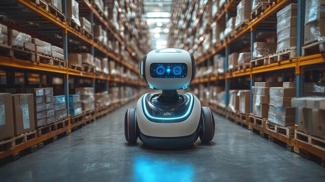 Futuristic robotic pickers operating in a high-tech warehouse during daytime procurement