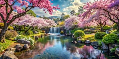 Idyllic Eden garden with sakura trees, rivers, waterfalls, and blooming flowers, paradise, land, flowers, sakura trees