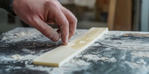 A hand applying glue to a white surface.