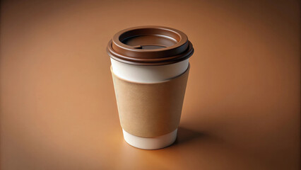 A stylish open coffee cup with plastic top sits on brown background, showcasing its sleek design and warm tones. Perfect for coffee lovers!