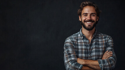 Young designer stands confidently with folded arms against a dark backdrop, wearing a smile
