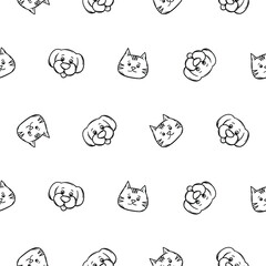 A simple black and white seamless pattern with the faces of cats and dogs. Vector background for the design of pet stores, pet products, veterinary clinics. Design for wrapping paper, print