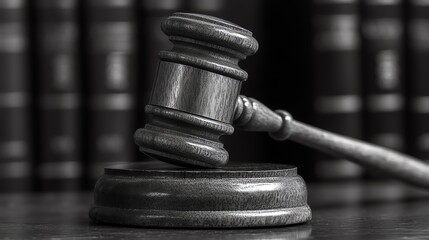 Wooden gavel on a block, with a bookshelf in the background.