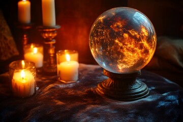 Haunting Secrets Revealed: An Eerie Crystal Ball SurroundedFlickering Candles