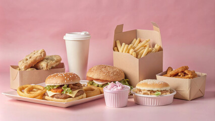 Delicious selection of take out and fast foods including burgers, fries, onion rings, and desserts, perfect for satisfying meal