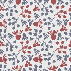 Seamless pattern in the form of a solid line of hand-drawn elements of flowers, leaves, branches.