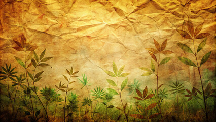 Naklejka premium A beautiful grunge paper texture featuring abstract nature elements, with delicate leaves and warm, earthy color palette. This background evokes sense of tranquility and connection to nature
