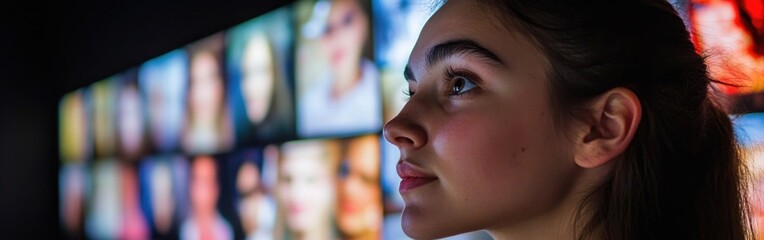 Businesswoman examines a high-tech digital display filled with diverse faces and data insights
