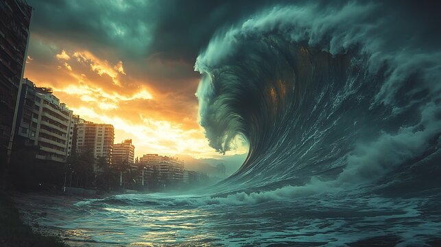 A massive wave crashes towards a coastal city as the sun sets in the background.