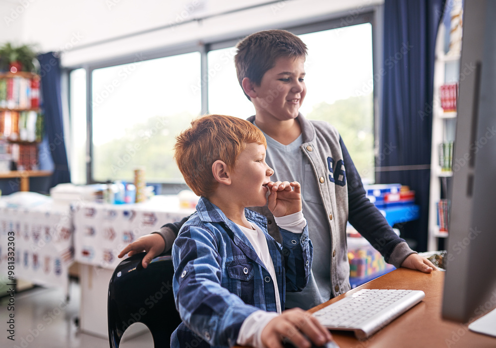 Poster computer, education and research with children in classroom for technology, future and digital libra