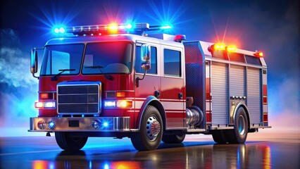 Feuerwehr Auto mit Blaulicht und rot reflektierenden Lichtern , Feuerwehr, Auto, Blaulicht, Rot, Reflektierend