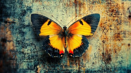   Yellow-black butterfly perched atop rusted metal against weathered wall background