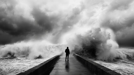 Fototapeta premium A lone man stands defiantly on a desolate pier, facing the relentless fury of a storm. As towering waves crash against the concrete, their thunderous roar fills the air. Despite the bleak weather