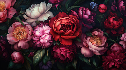 Elegant Peonies in Baroque Design with Deep Rich Colors on Dark Backdrop