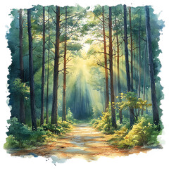 Obraz premium A serene forest path illuminated by soft sunlight breaking through the trees, creating a tranquil and inviting atmosphere.