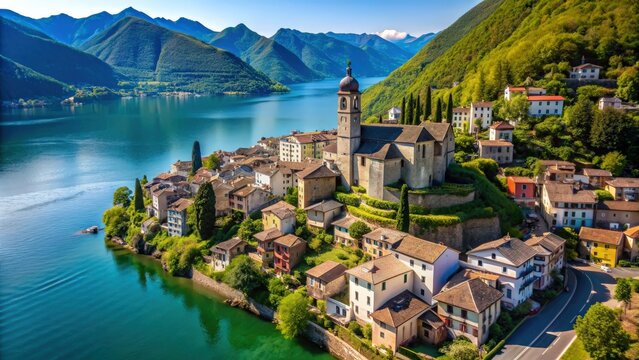 Aerial shot of the charming village of Morcote in Ticino, Switzerland , aerial, drone, photography, town, village