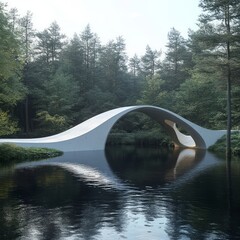 A white concrete bridge arches over a tranquil lake, surrounded by lush green trees.