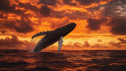 Fototapeta premium A majestic humpback whale leaps from the ocean, its massive body silhouetted against a breathtaking sunset sky. The scene unfolds in the tranquil waters of St. Mary's Island, Madagascar