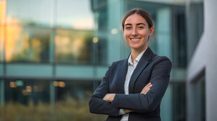 Fototapeta premium Confident businesswoman posing with folded arms in front of an office building