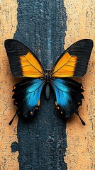   Blue-yellow butterfly perched atop yellow-black peeling painted wood