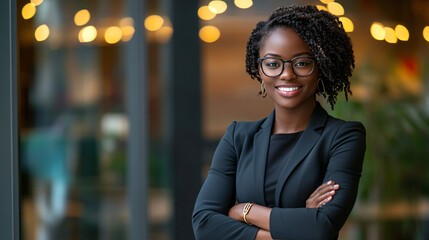 Confident young professional woman smiling with folded arms in an office setting