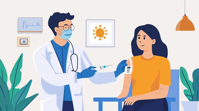 A male doctor injects a female patient with a COVID-19 vaccine in her shoulder. This image highlights the concept of clinical trials for the flu and influenza vaccine