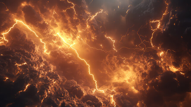 A 3D image shows lightning bolts striking through stormy clouds. The clouds are dark and full of light flashes, suggesting a dangerous thunderstorm.