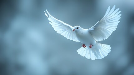 Obraz premium A white dove in flight, wings spread, against a soft blue background.