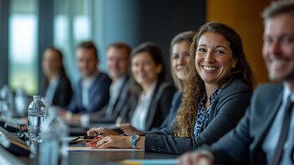 Successful businesswoman leads diverse team in productive meeting, collaborating on strategies for corporate success with teamwork and communication
