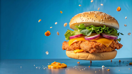 A fresh, crispy fried chicken burger sandwich with sesame seed bun, lettuce, cheese, and onion, floating against vibrant blue background, creates an appetizing visual