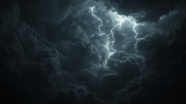 A 3D image shows lightning bolts striking through dark storm clouds. The clouds are lit up with bright flashes, and the scene suggests a dangerous thunderstorm.