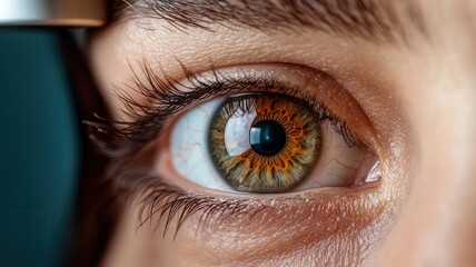 Fototapeta premium Closeup of a patients eye being examined with a slit lamp during an eye checkup, vision health, eye care