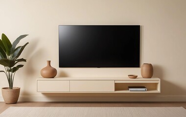 A warm cream background with a floating TV stand placed on the bottom right.