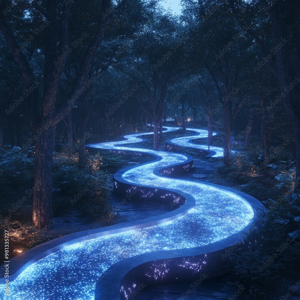 Poster A winding path illuminated with blue lights in a dark forest.