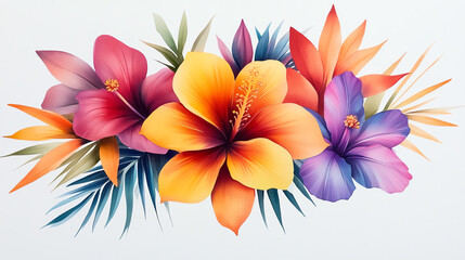 Create a vibrant, front-facing bouquet of exotic tropical flowers in watercolor