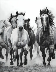 pack of wild horses running in a herd, Beautiful photos of horses running together, dramatic photos of wildlife